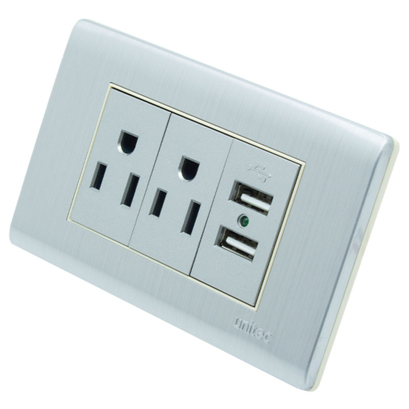 TOMA DOBLE+USB DOBLE ACERO UNITEC