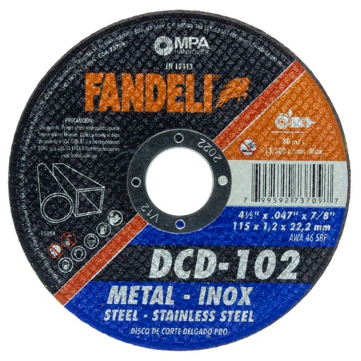 [16163989] DISCO CORTE METAL INOX 4 1/2" DCD-102 PQT X 10 FANDELLI