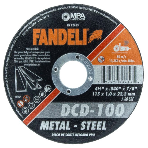 [16163988] DISCO DE CORTE METAL 4 1/2" DCD-100 PQTX10 FANDELLI